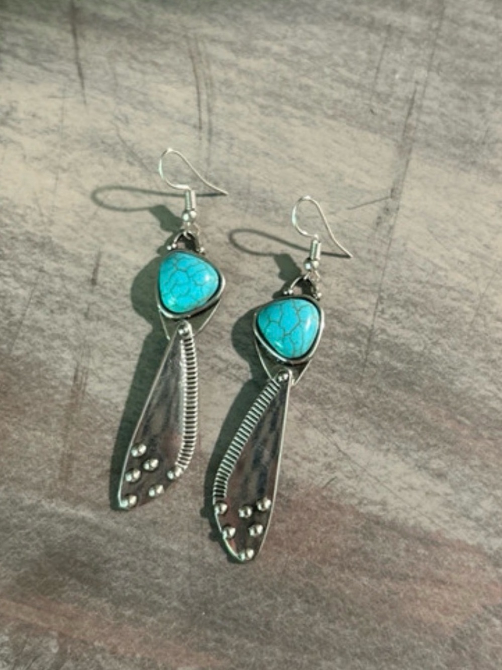 Turquoise Teardrop Dangle Earrings - Silver Tone